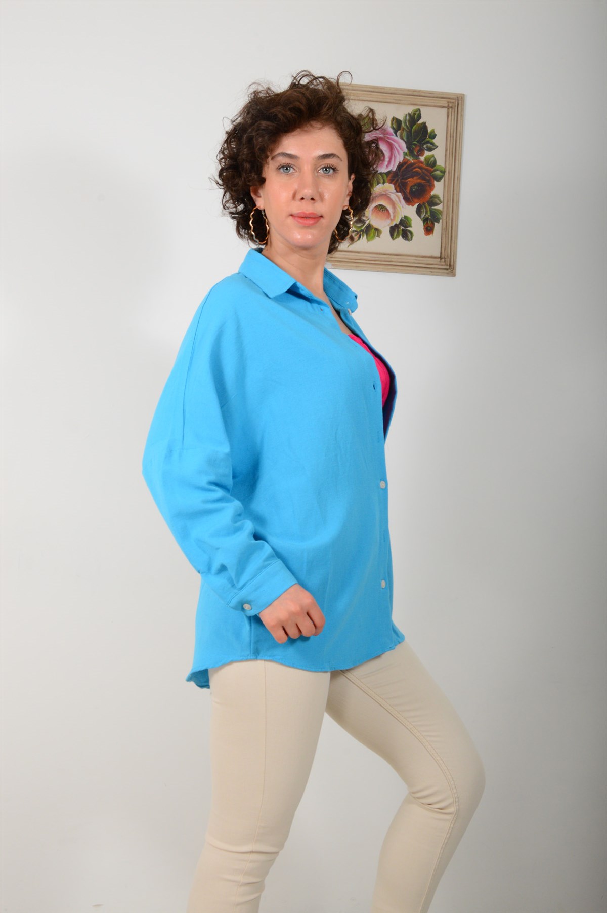 Kadın Mavi Oversize Gömlek 4476