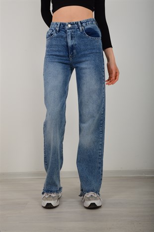 Kadın Mavi Paçası Püsküllü Mom Jean Pantolon 0012