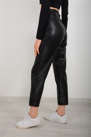 Kadın Siyah Deri Lastikli Yanı Fermuarlı Pantolon 307