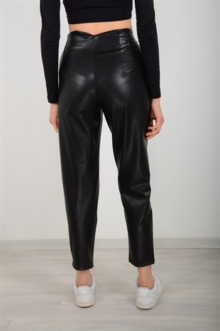 Kadın Siyah Deri Lastikli Yanı Fermuarlı Pantolon 307