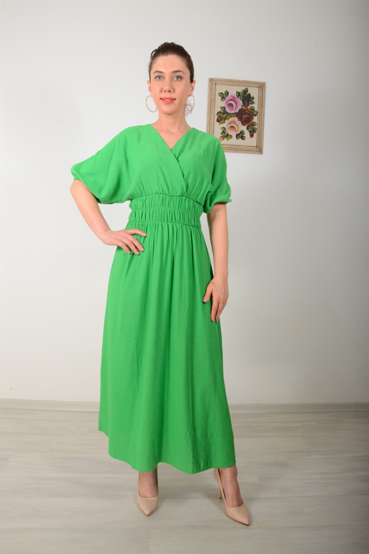 Kadın Yeşil Çıtçıtlı Keten Elbise 2193