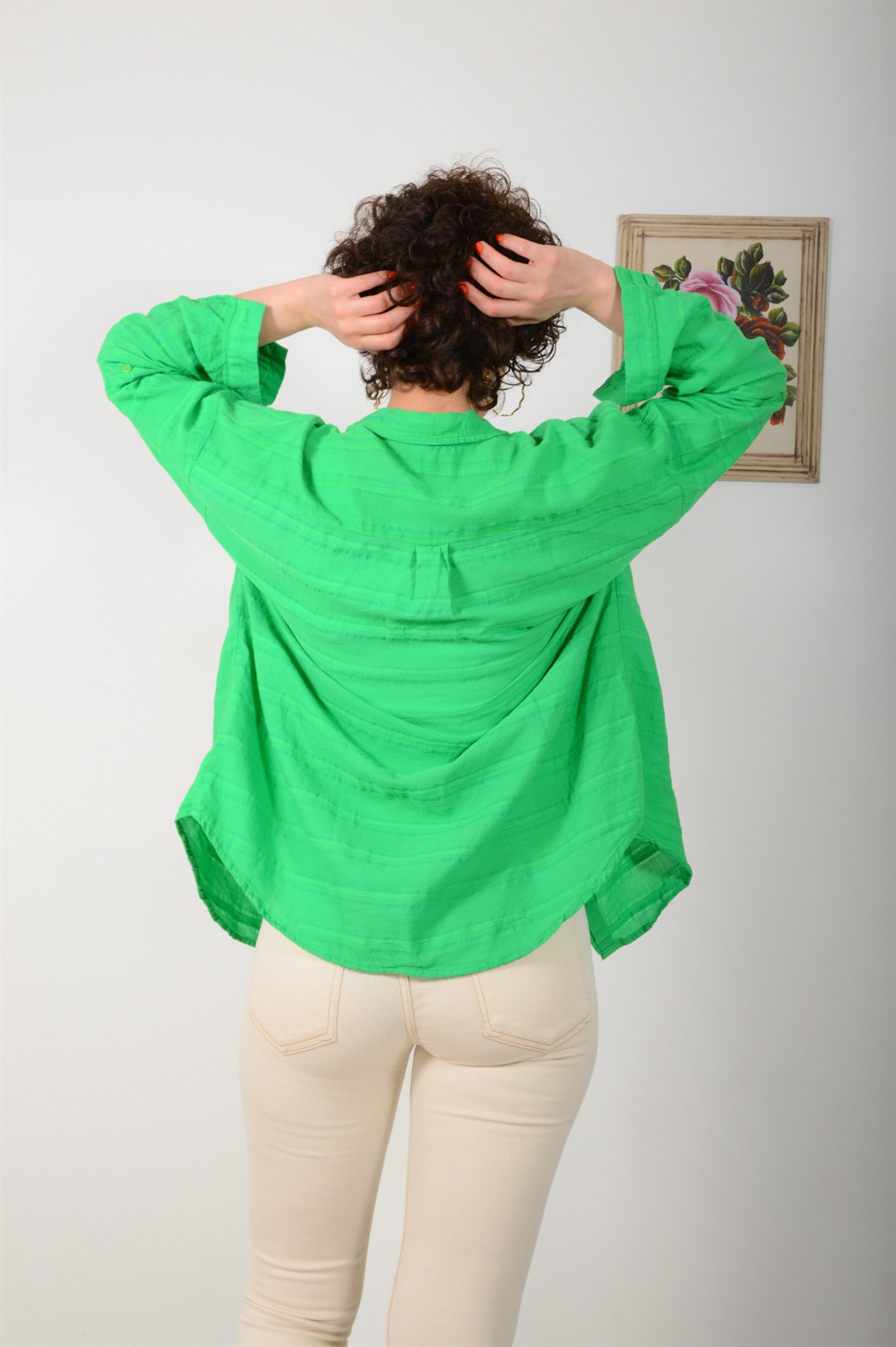 Kadın Yeşil Kendinden Desenli Gömlek 4155