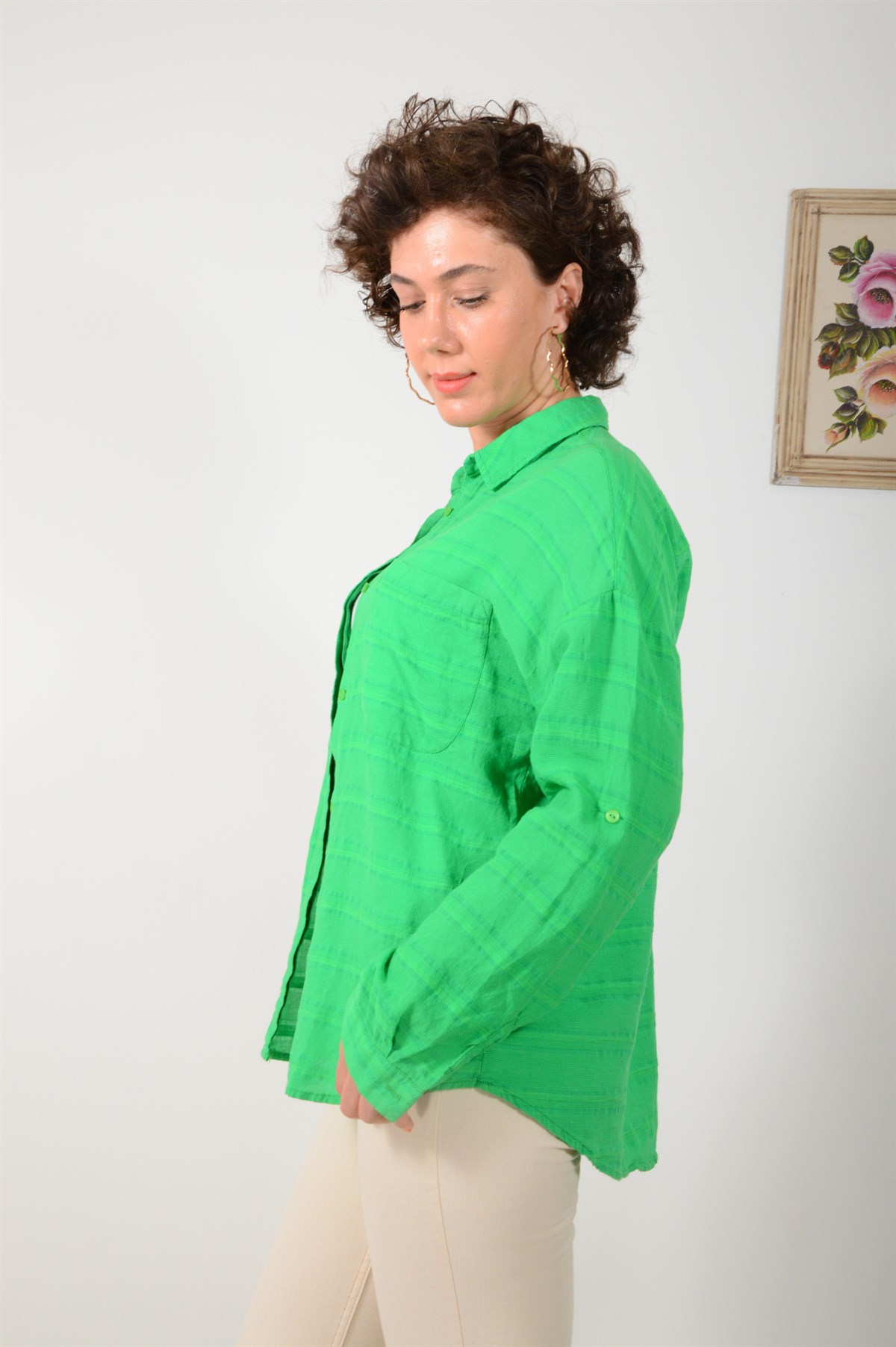 Kadın Yeşil Kendinden Desenli Gömlek 4155