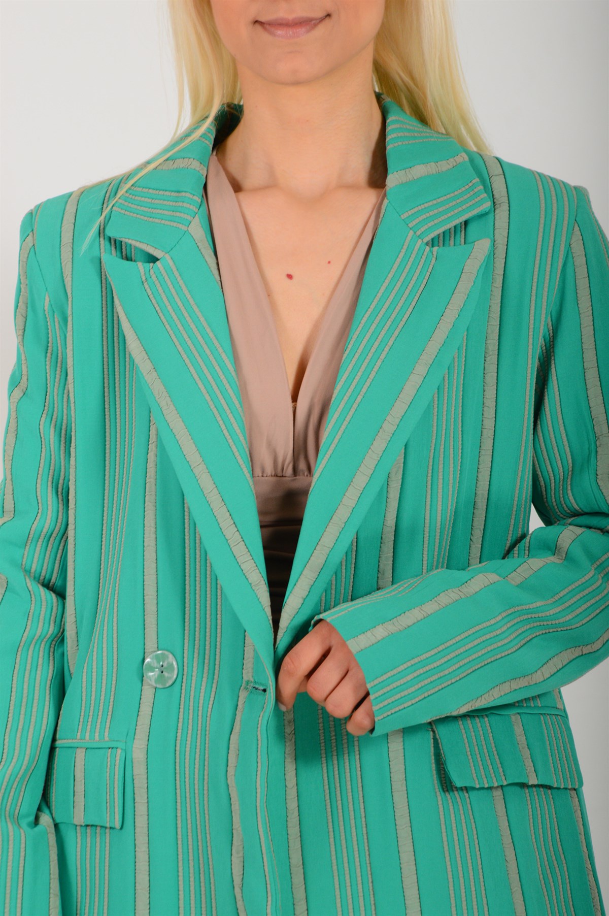 Kadın Yeşil Maroken Çift Düğmeli Ceket 3216