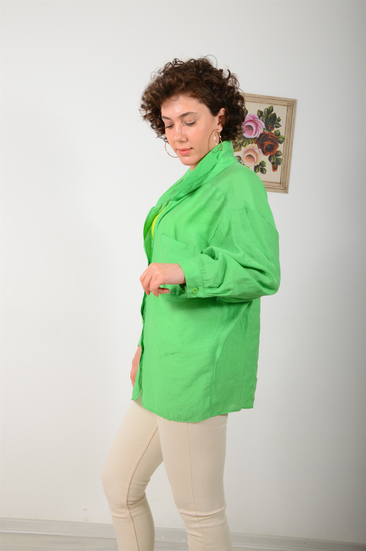 Kadın Yeşil Omzu Düşük Gömlek 4612