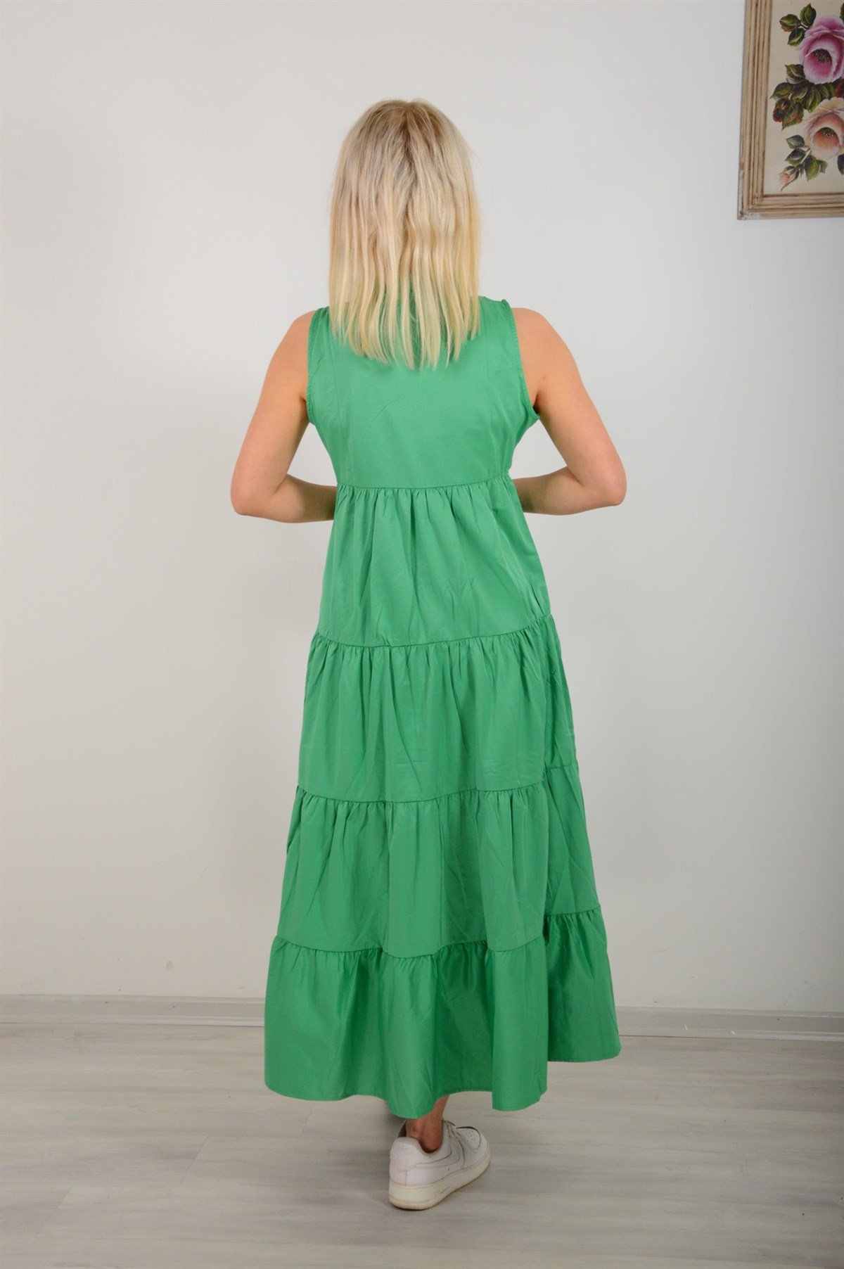Kadın Yeşil Sıfır Kol Kat Kat Elbise 3683
