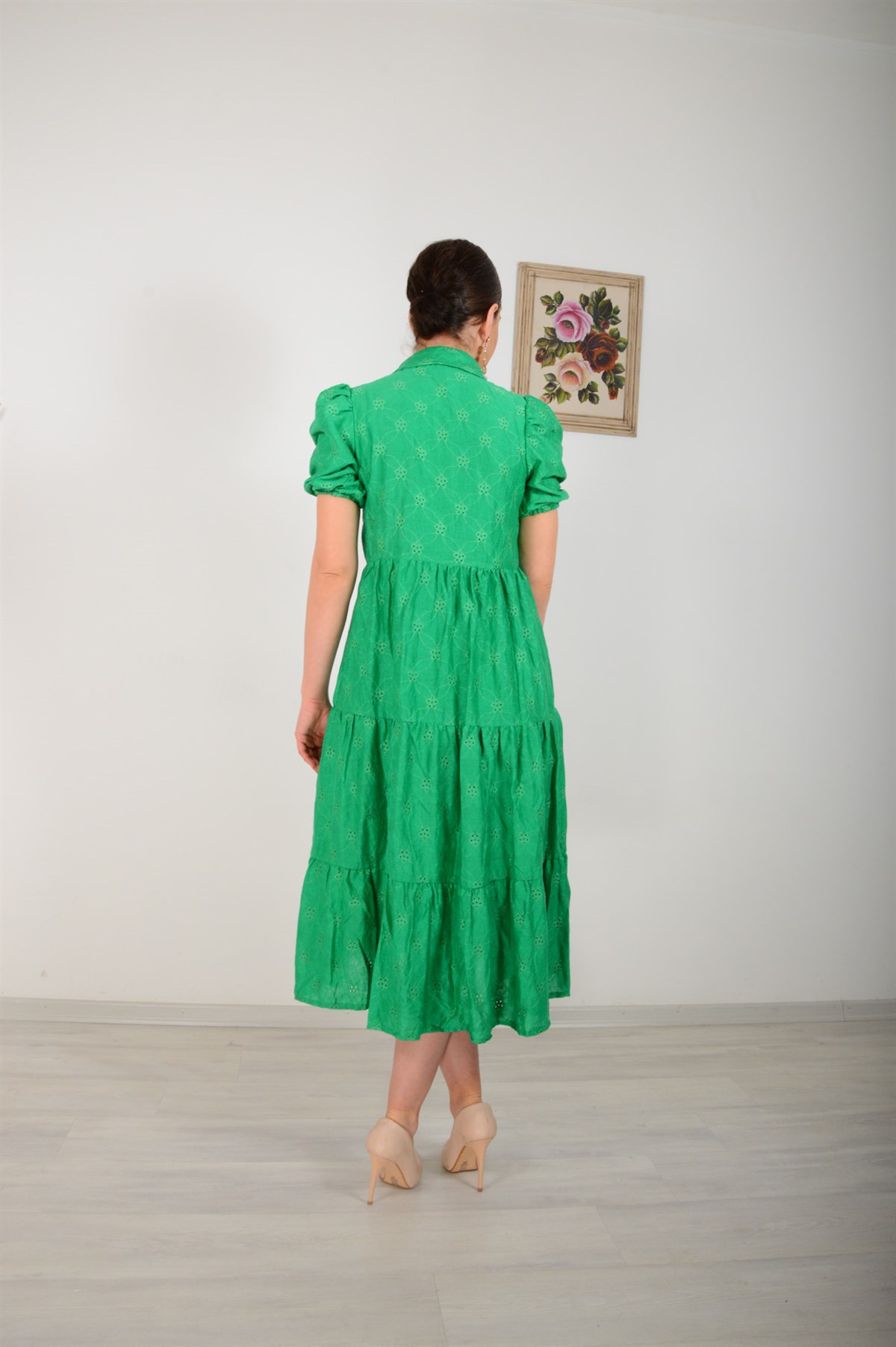 Kadın Yeşil Uzun Fistolu Düğmeli Elbise 3726