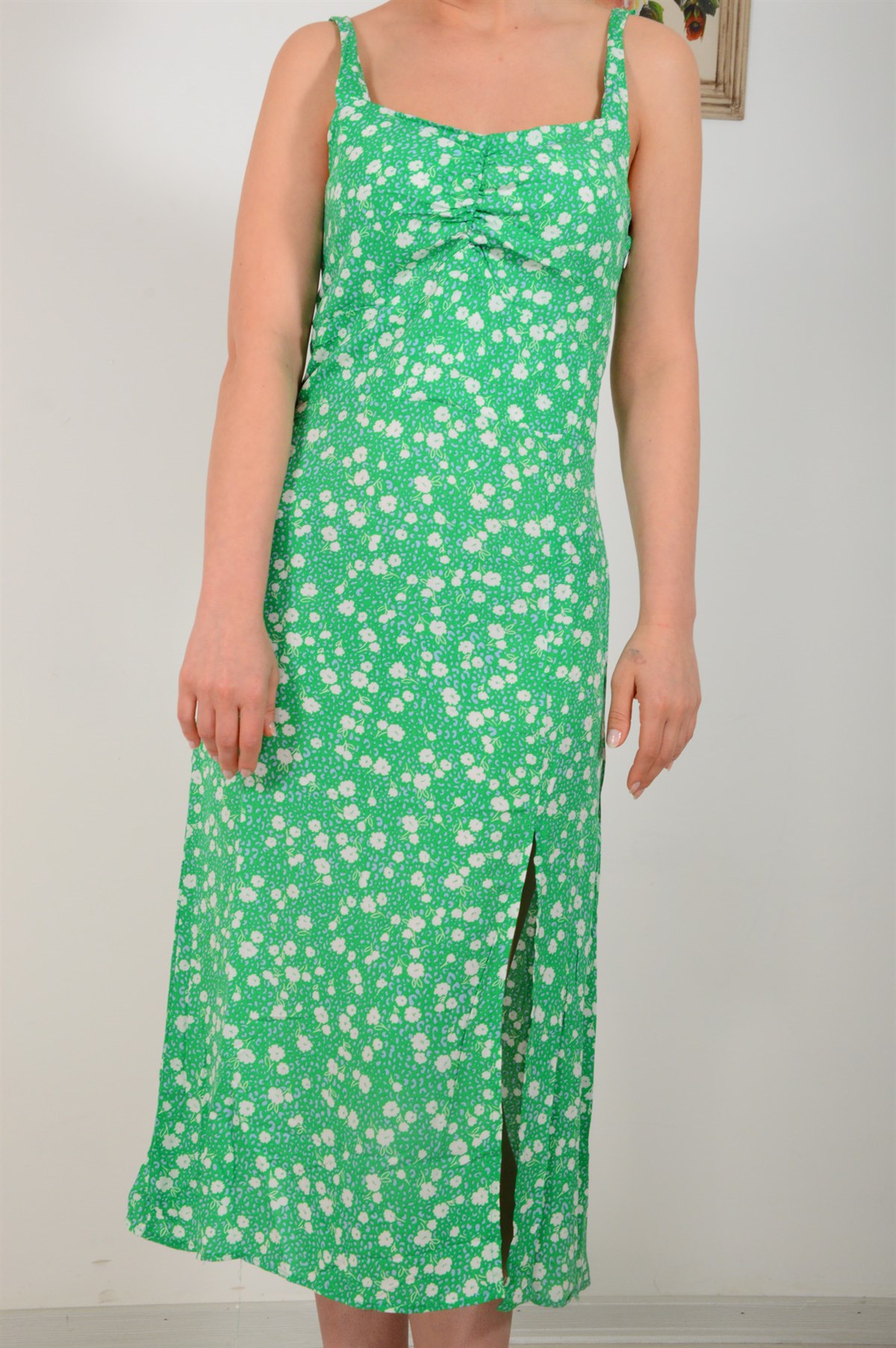 Kadın Yeşil Yakası Büzgülü Elbise 3696