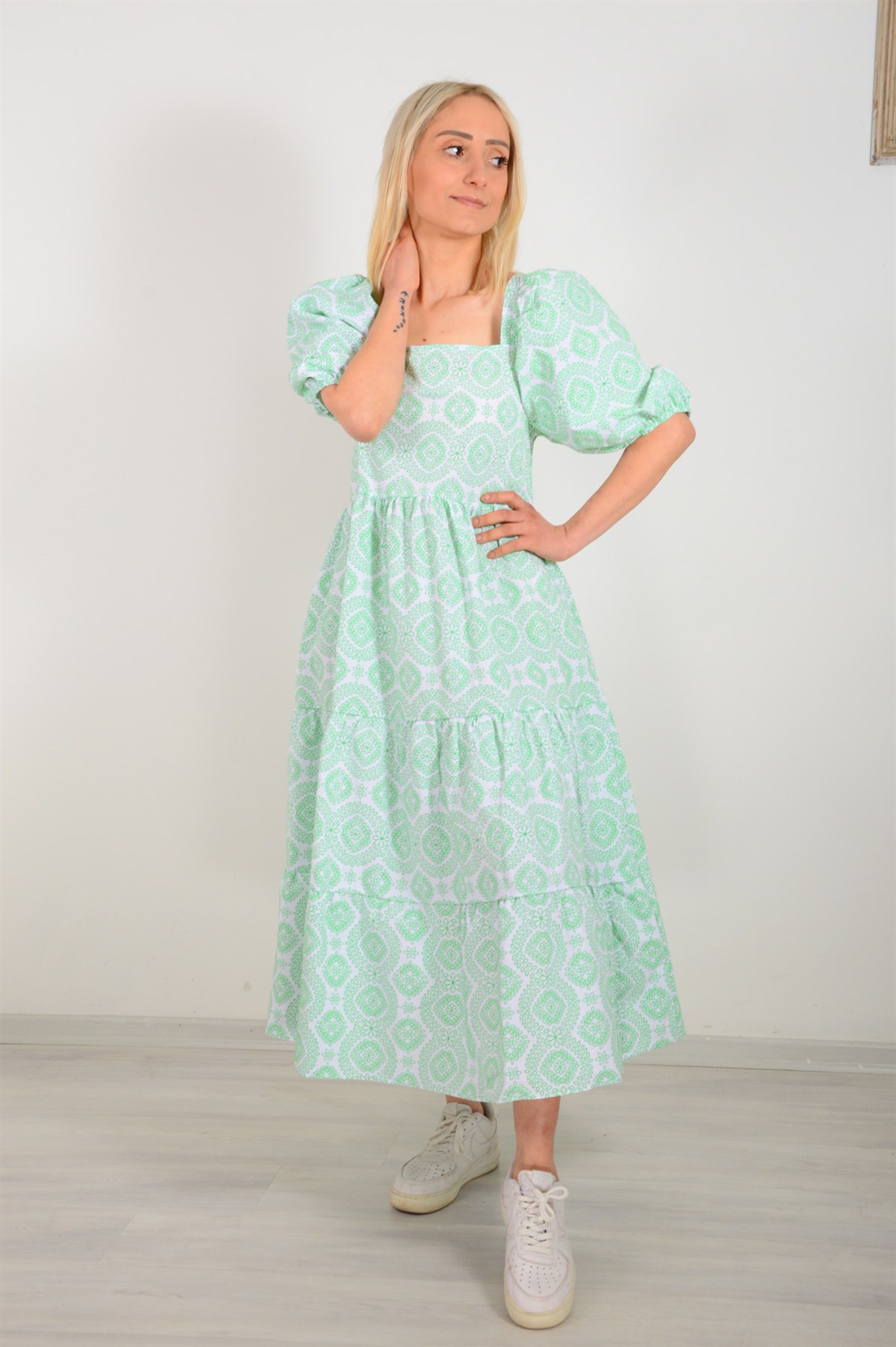 Kadın Yeşil Yaprak Çizgili Elbise 222168