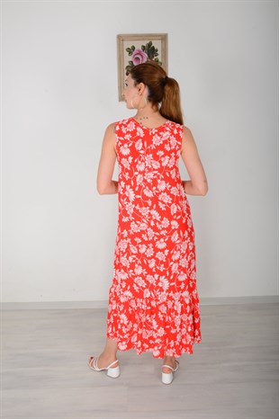 Kırmızı Kolsuz Çiçekli Elbise 3453