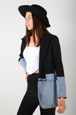 Siyah Kot Detaylı Blazer Ceket 9936