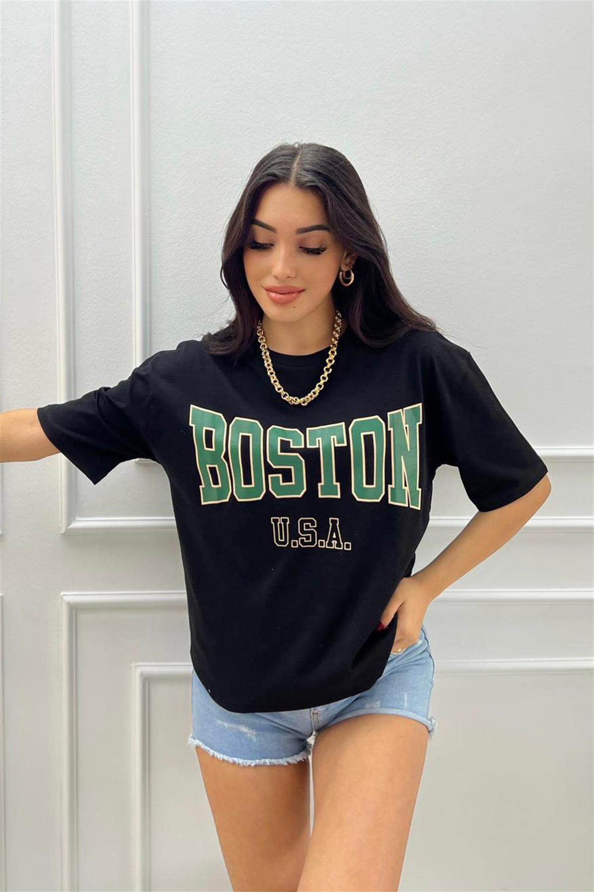 Siyah Yeşil Boston Baskılı Tişört 3853