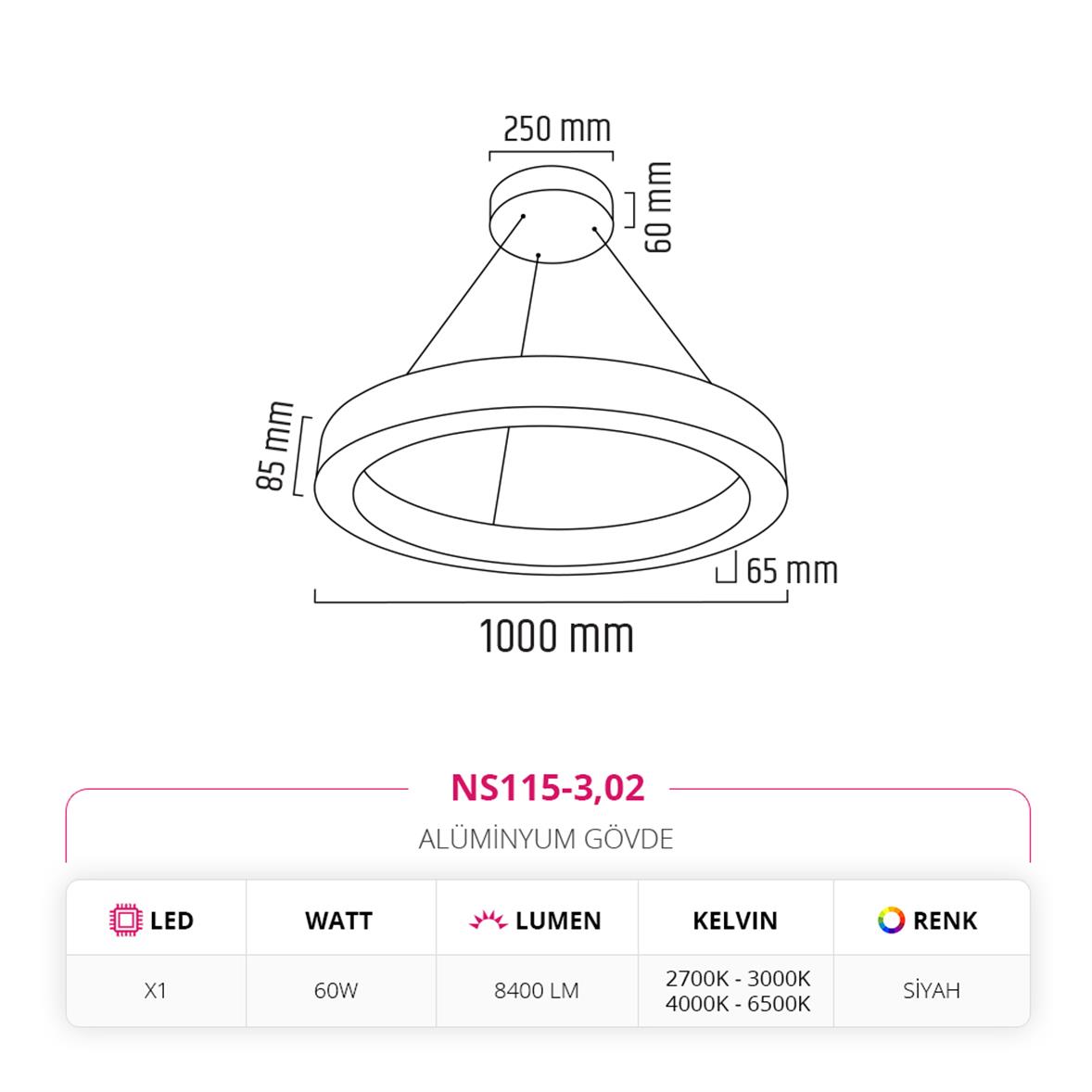 Nevo 100 cm Ledli Yuvarlak Simit Linear Sarkıt Siyah NS115-3