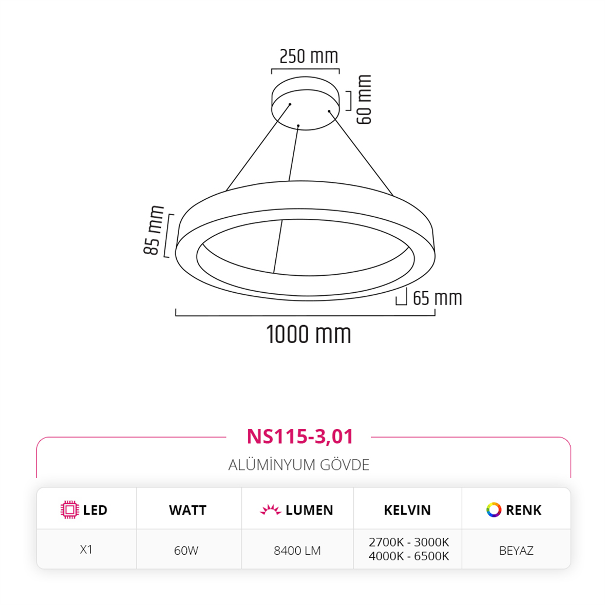 Nevo 100 cm Ledli Yuvarlak Simit Linear Sarkıt Beyaz NS115-3