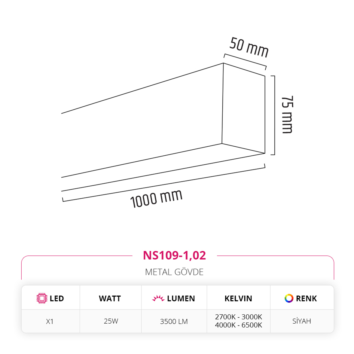 Nevo 100 cm Linear Sarkıt Siyah NS109-1