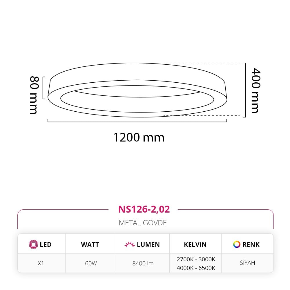 Nevo 120 Cm Sıva Üstü LED Elips Linear Tavan Armatürü Siyah NS126-2