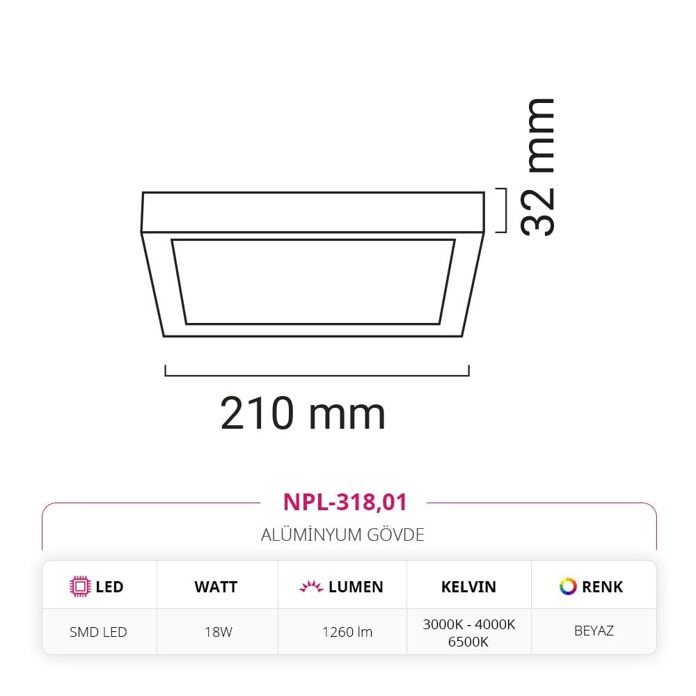 Nevo 18W Sıva Üstü Kare Led Panel Beyaz NPL-318