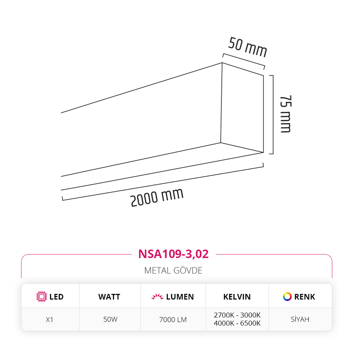 Nevo 200 cm Linear Sıva Üstü Armatür Siyah NSA109-3