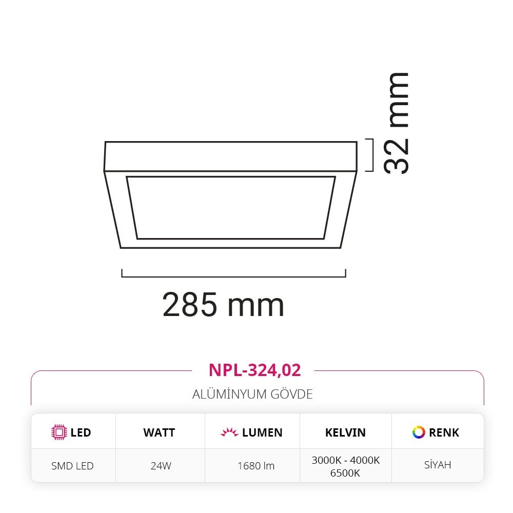Nevo 24W Sıva Üstü Kare Led Panel Siyah NPL-324