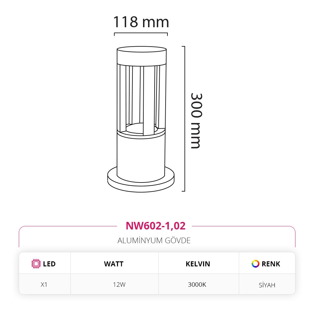 Nevo 30 Cm Bahçe Direk Armatür Siyah NW602-1