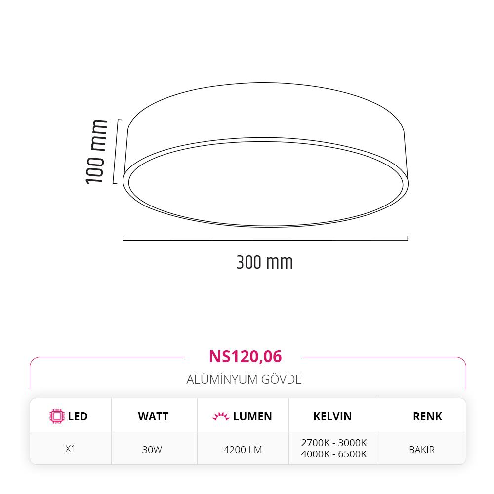 Nevo 30 Cm Sıva Üstü Ledli Tavan Armatürü Bakır NS120