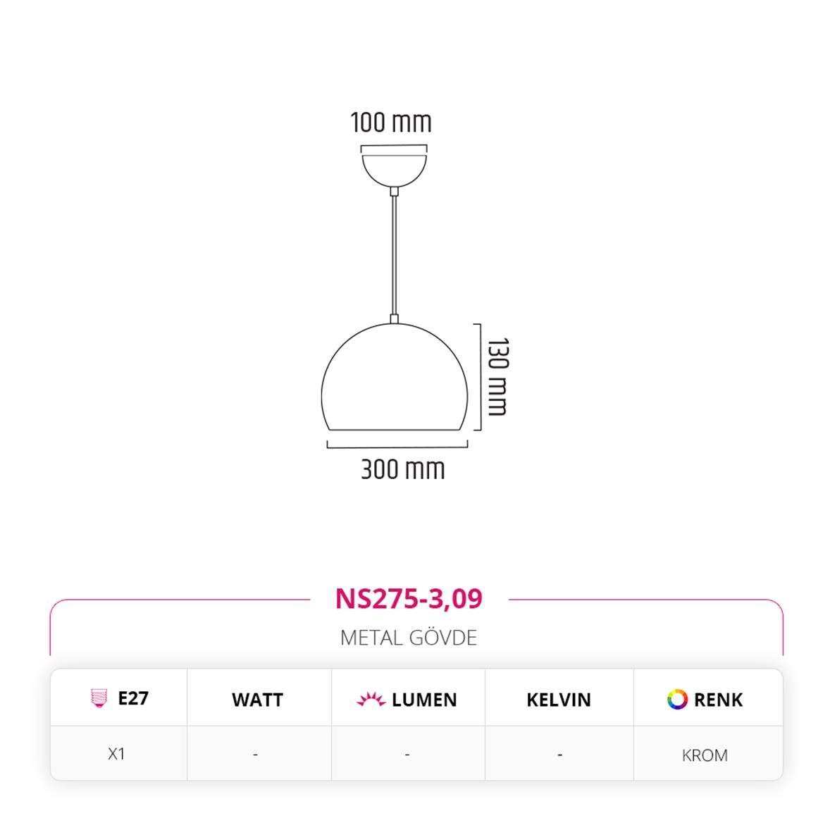 Nevo 30 cm Tekli Top Sarkıt Krom NS275-3