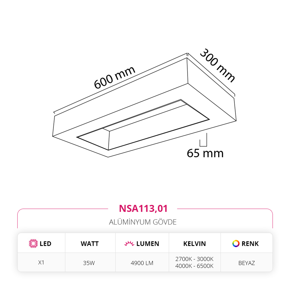 Nevo 30 x 60 cm Sıva Üstü Linear Armatür Beyaz NSA113