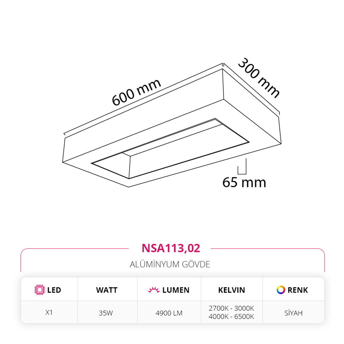 Nevo 30 x 60 cm Sıva Üstü Linear Armatür Siyah NSA113