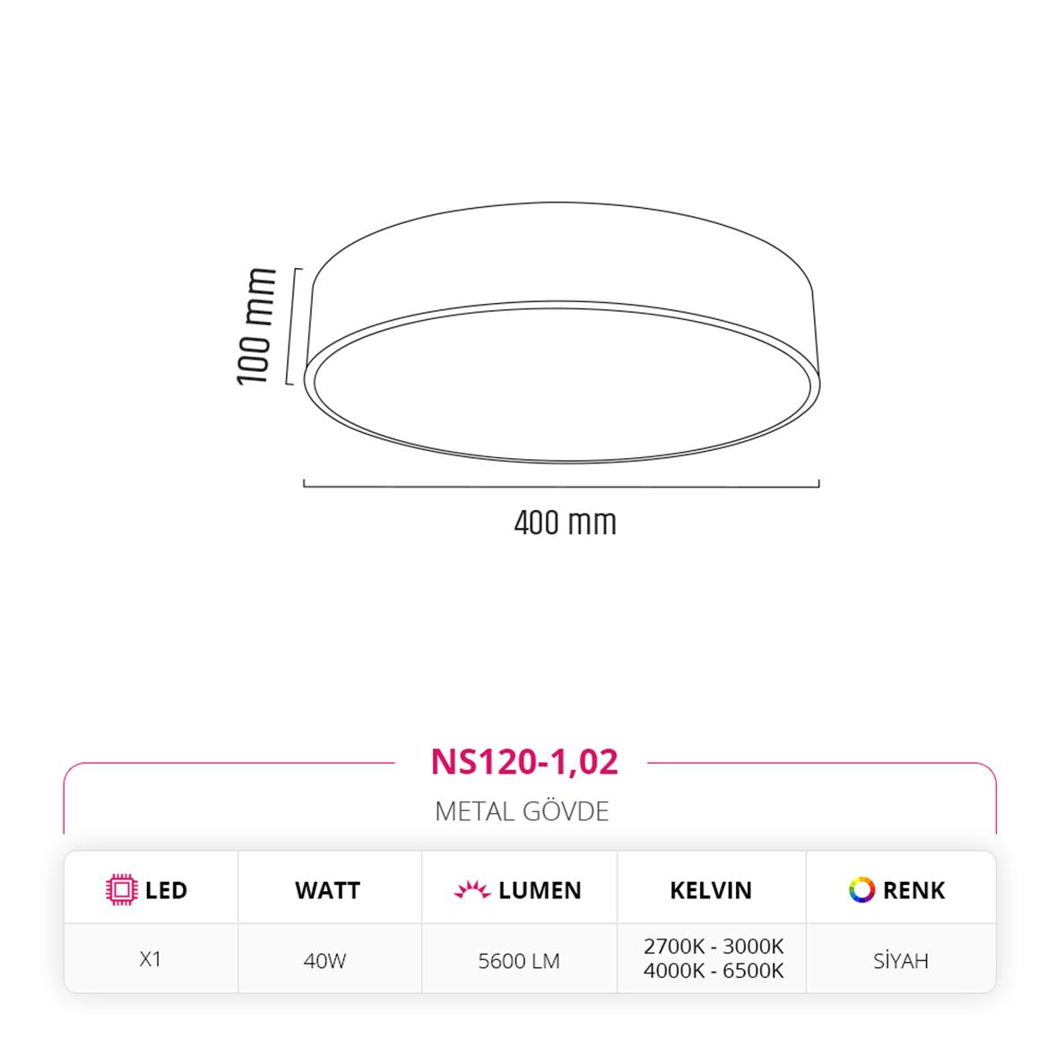Nevo 40 Cm Sıva Üstü Ledli Tavan Armatürü Siyah NS120-1