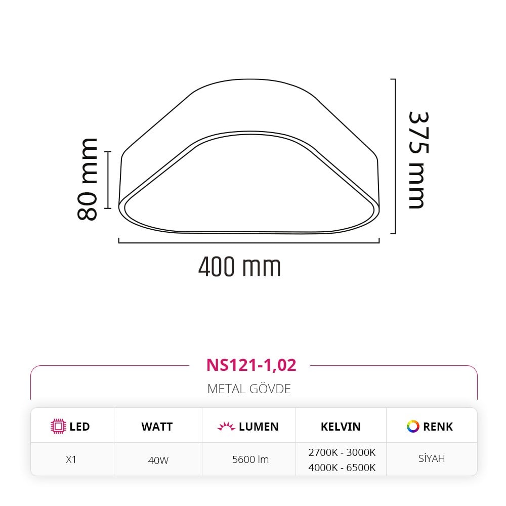 Nevo 40 Cm Sıva Üstü Ledli Tavan Armatürü Siyah NS121-1