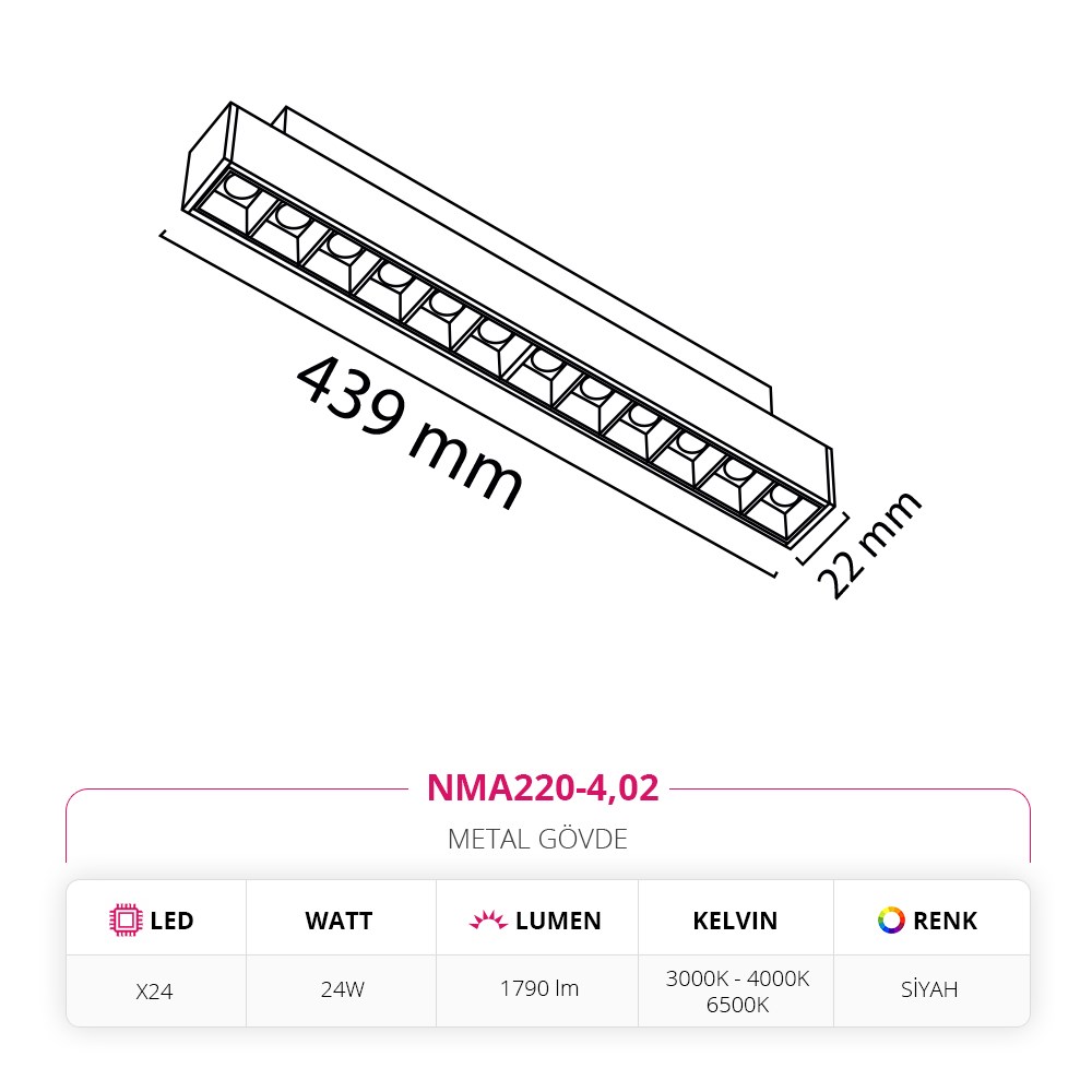 Nevo 48V Frame Led Magnet Linear Armatür Siyah NMA220-4