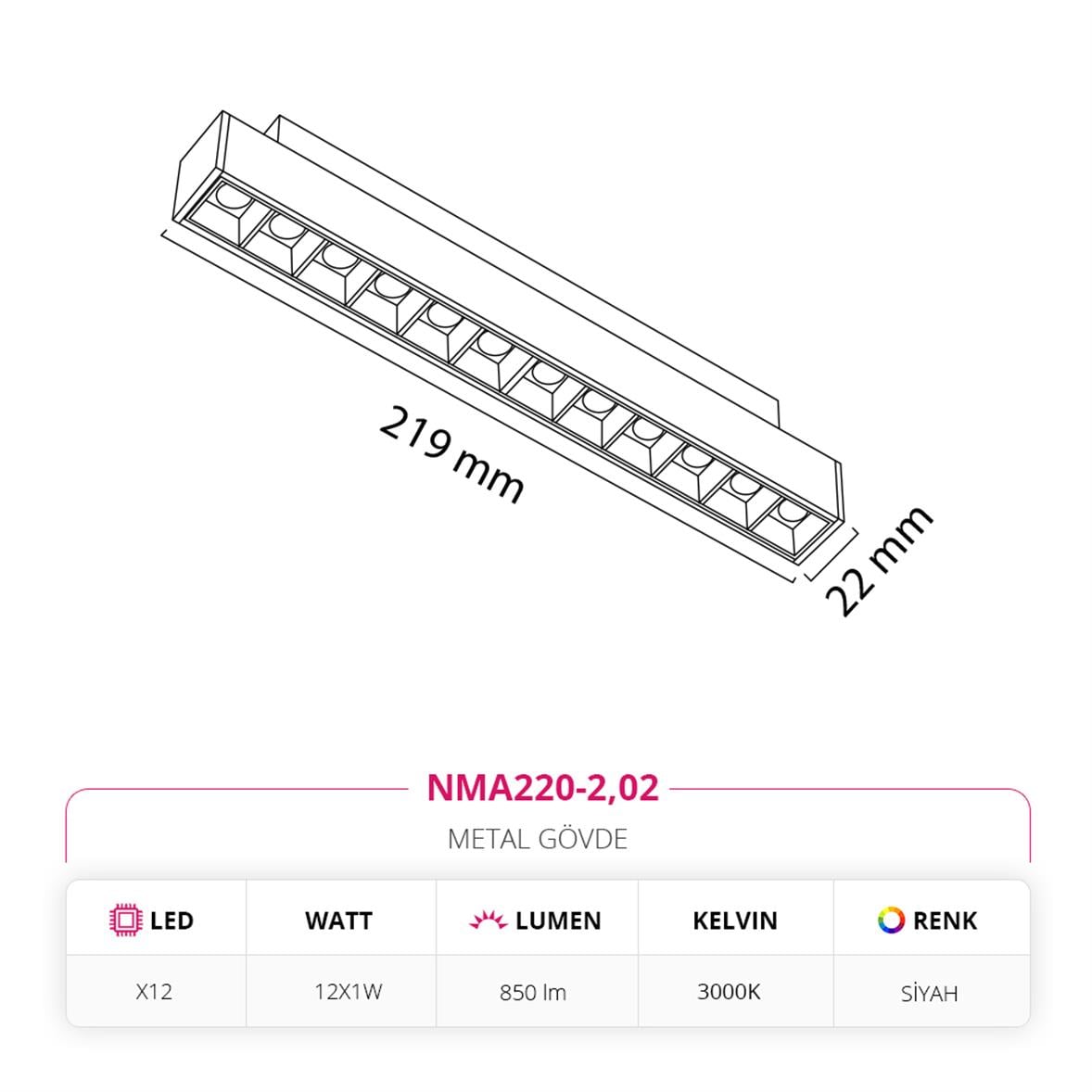 Nevo 48V Frame Led Magnet Linear Armatür Siyah NMA220-2