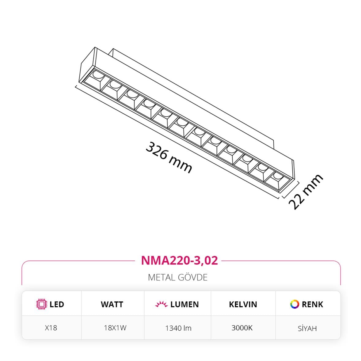 Nevo 48V Frame Led Magnet Linear Armatür Siyah NMA220-3