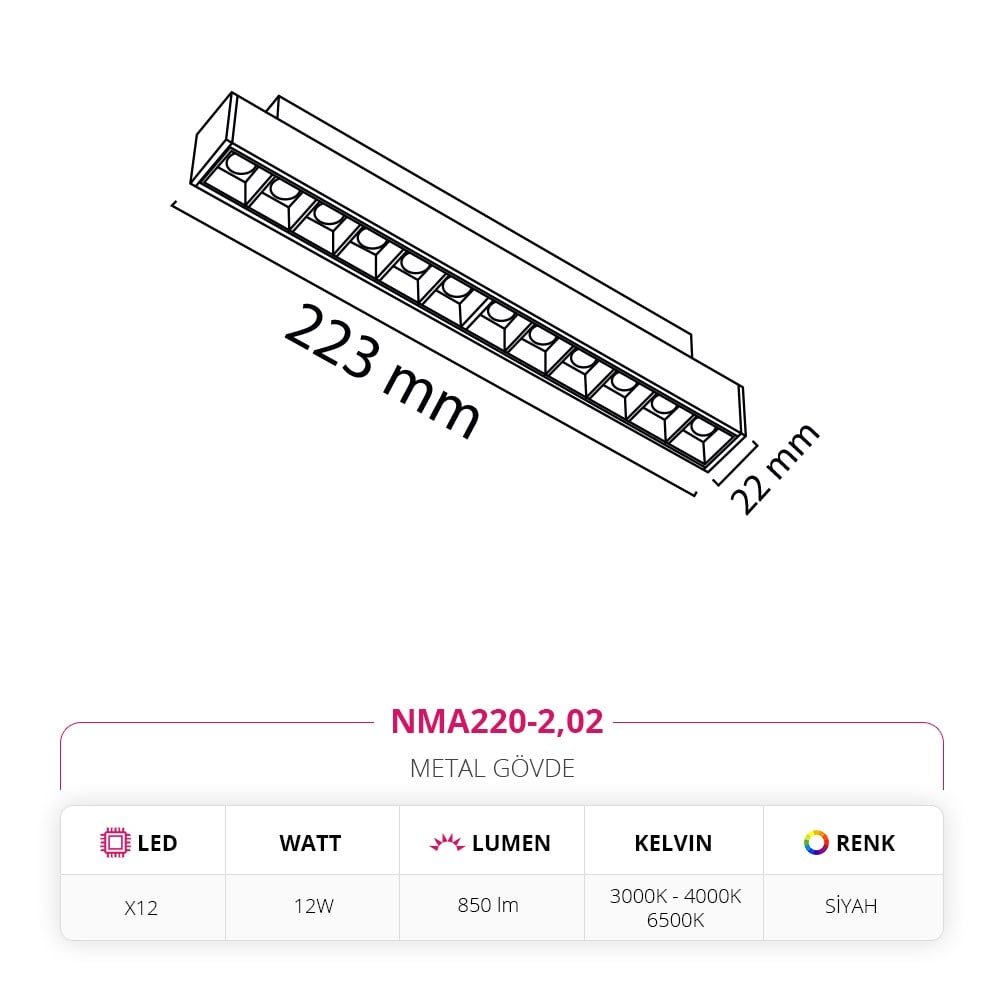 Nevo 48V Frame Led Magnet Linear Armatür Siyah NMA220-2
