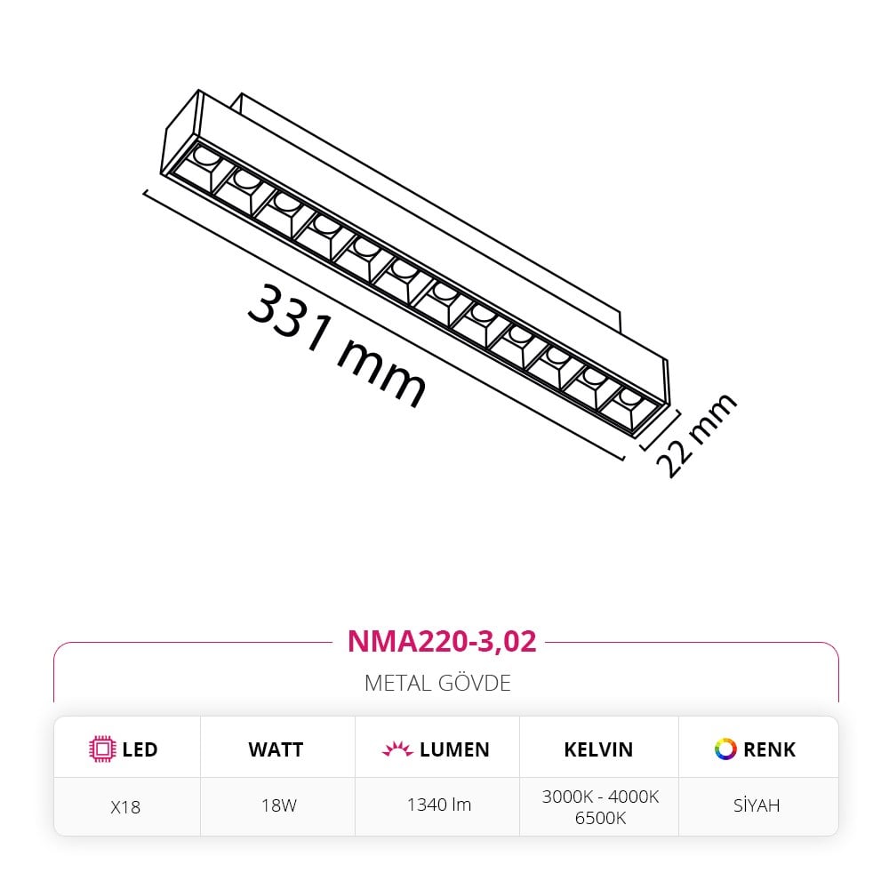Nevo 48V Frame Led Magnet Linear Armatür Siyah NMA220-3