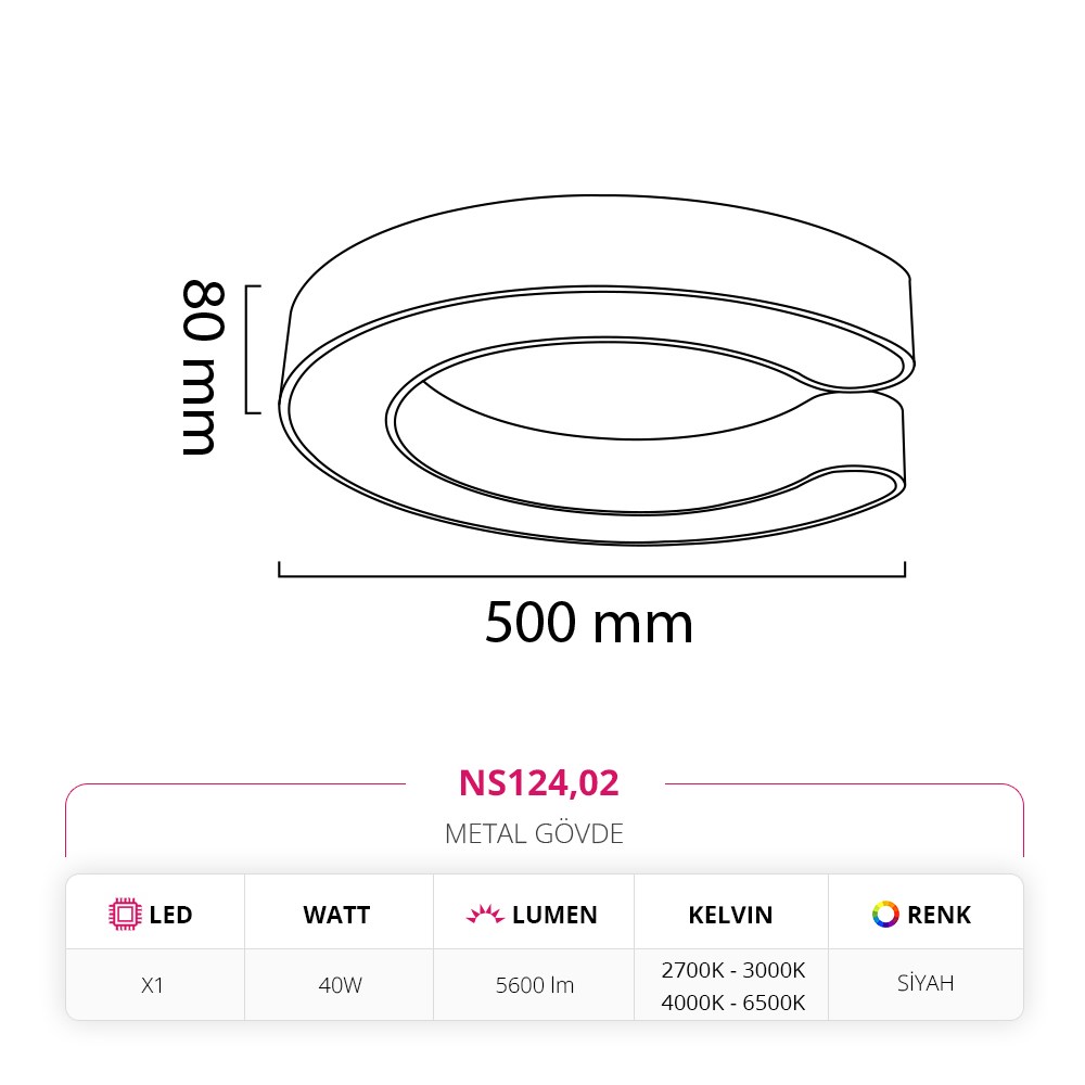 Nevo 50 Cm Sıva Üstü LED C Linear Tavan Armatürü Siyah NS124