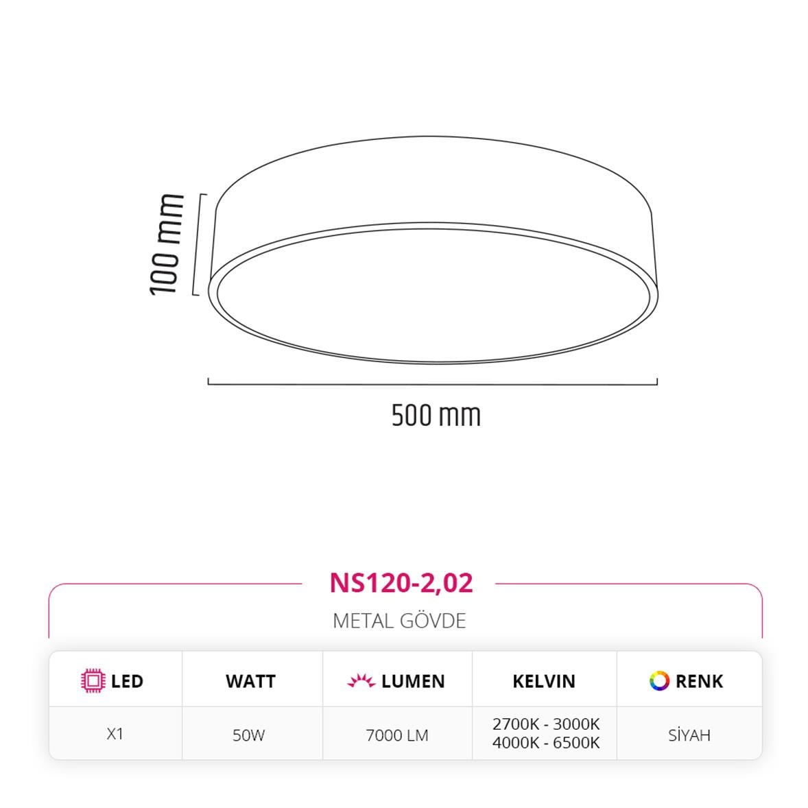 Nevo 50 Cm Sıva Üstü Ledli Tavan Armatürü Siyah NS120-2