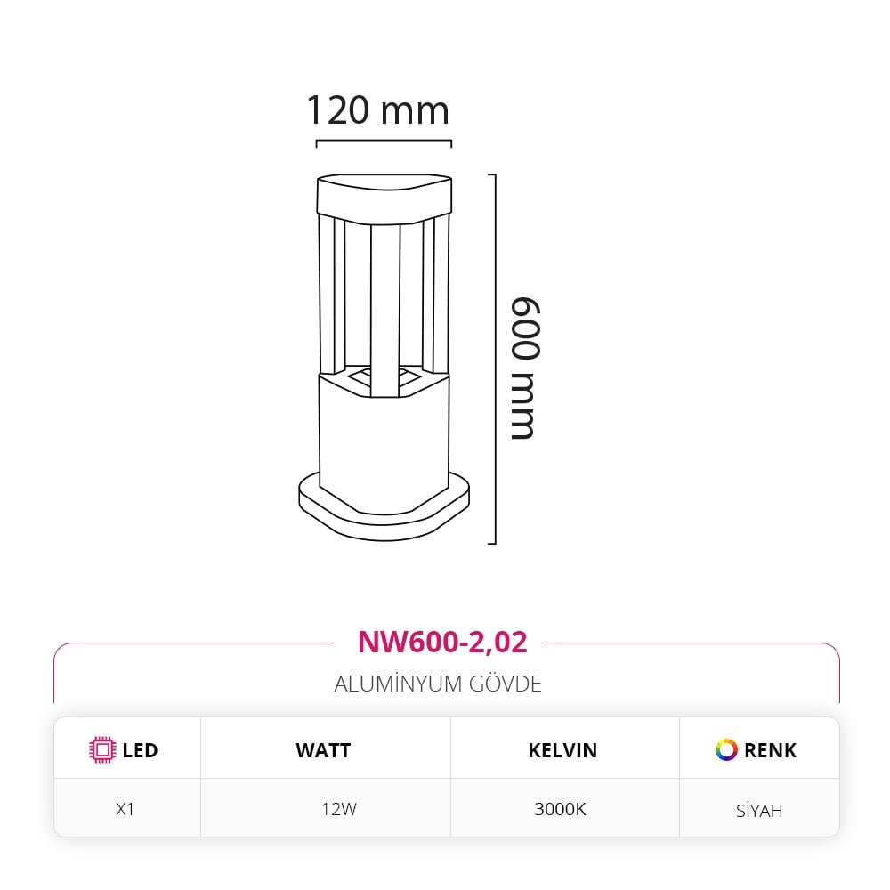 Nevo 60 Cm Bahçe Direk Armatür Siyah NW600-2