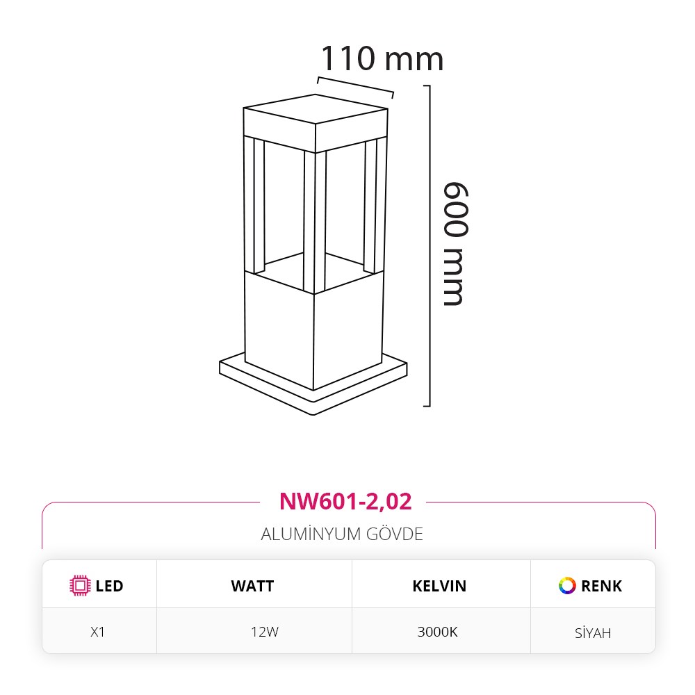 Nevo 60 Cm Bahçe Direk Armatür Siyah NW601-2