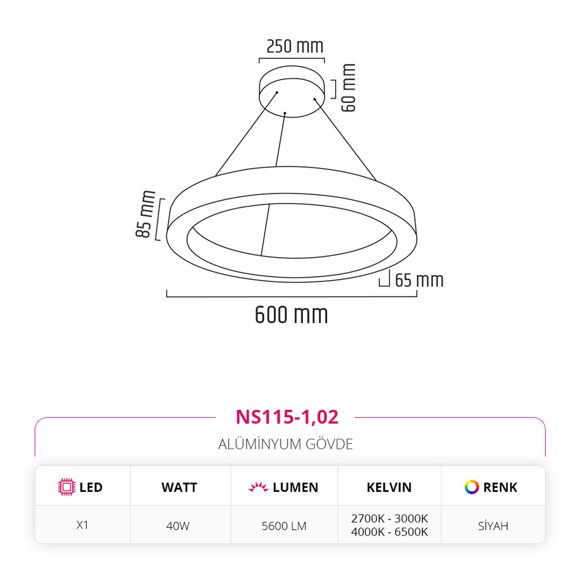 Nevo 60 cm Ledli Yuvarlak Simit Linear Sarkıt Siyah NS115-1