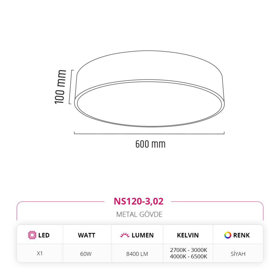 Nevo 60 Cm Sıva Üstü Ledli Tavan Armatürü Siyah NS120-3