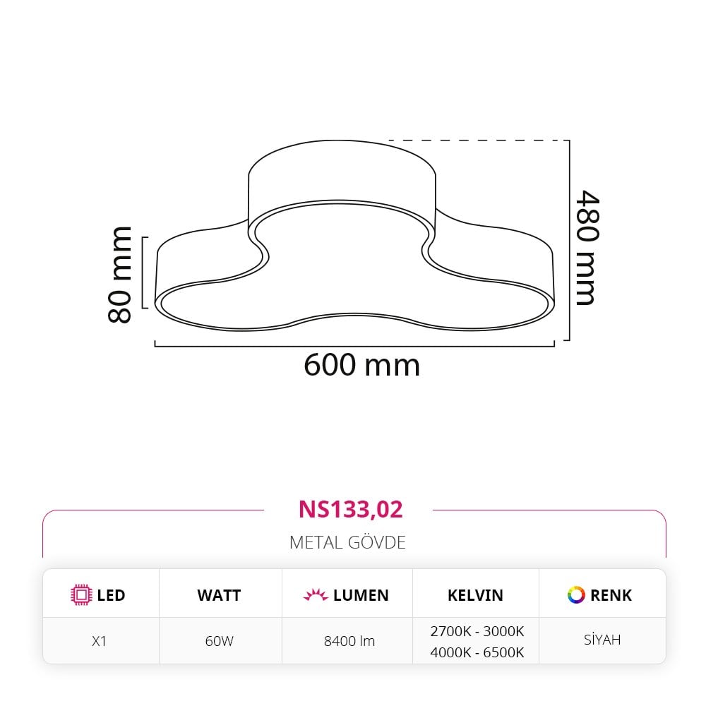 Nevo 60 Cm Sıva Üstü Ledli Tavan Armatürü Siyah NS133