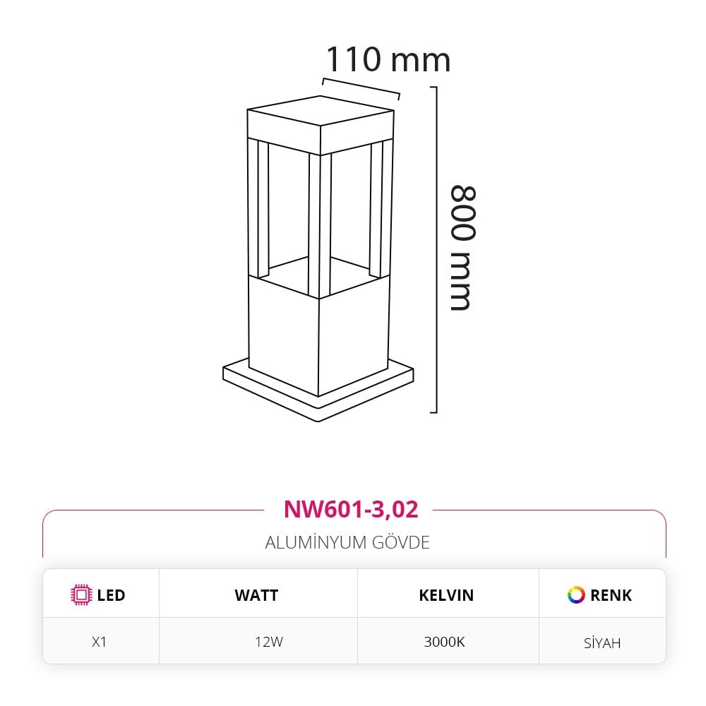 Nevo 80 Cm Bahçe Direk Armatür Siyah NW601-3