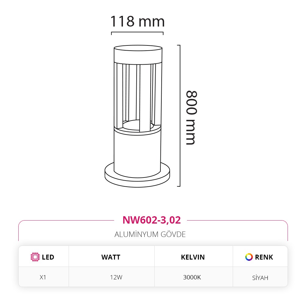 Nevo 80 Cm Bahçe Direk Armatür Siyah NW602-3