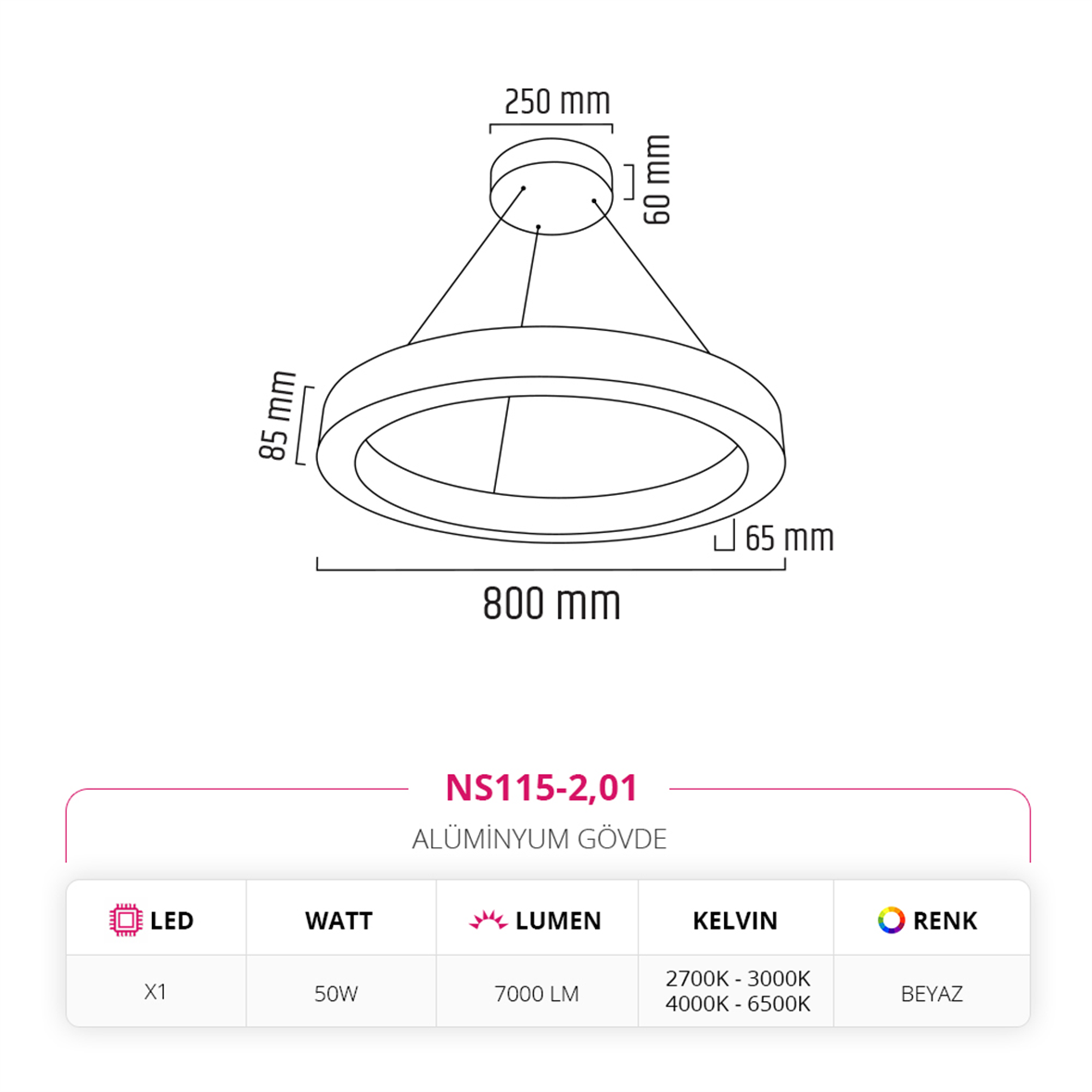 Nevo 80 cm Ledli Yuvarlak Simit Linear Sarkıt Beyaz NS115-2