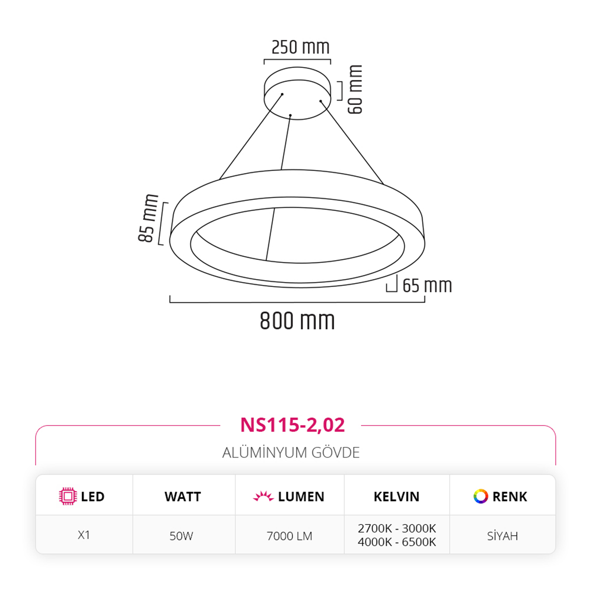 Nevo 80 cm Ledli Yuvarlak Simit Linear Sarkıt Siyah NS115-2