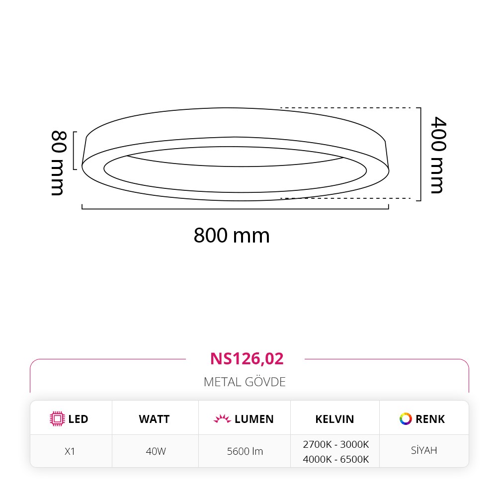 Nevo 80 Cm Sıva Üstü LED Elips Linear Tavan Armatürü Siyah NS126