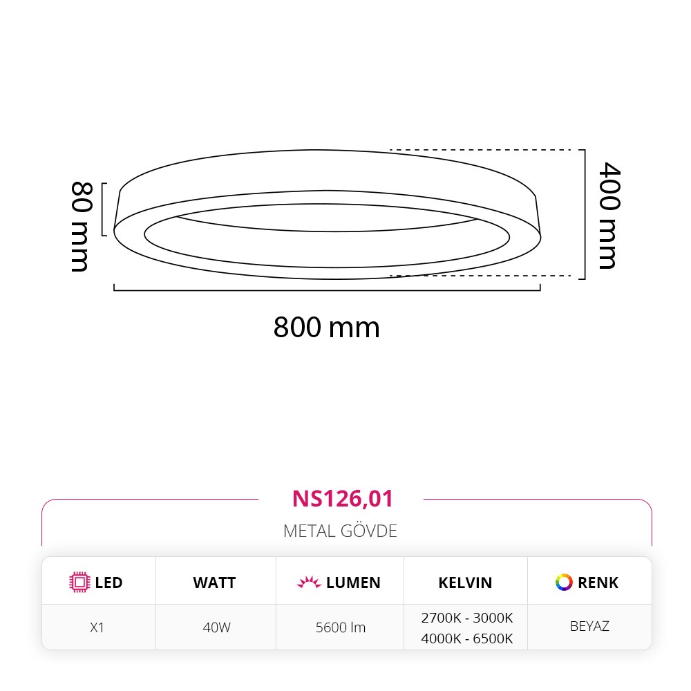 Nevo 80 Cm Sıva Üstü LED Elips Linear Tavan Armatürü Beyaz NS126