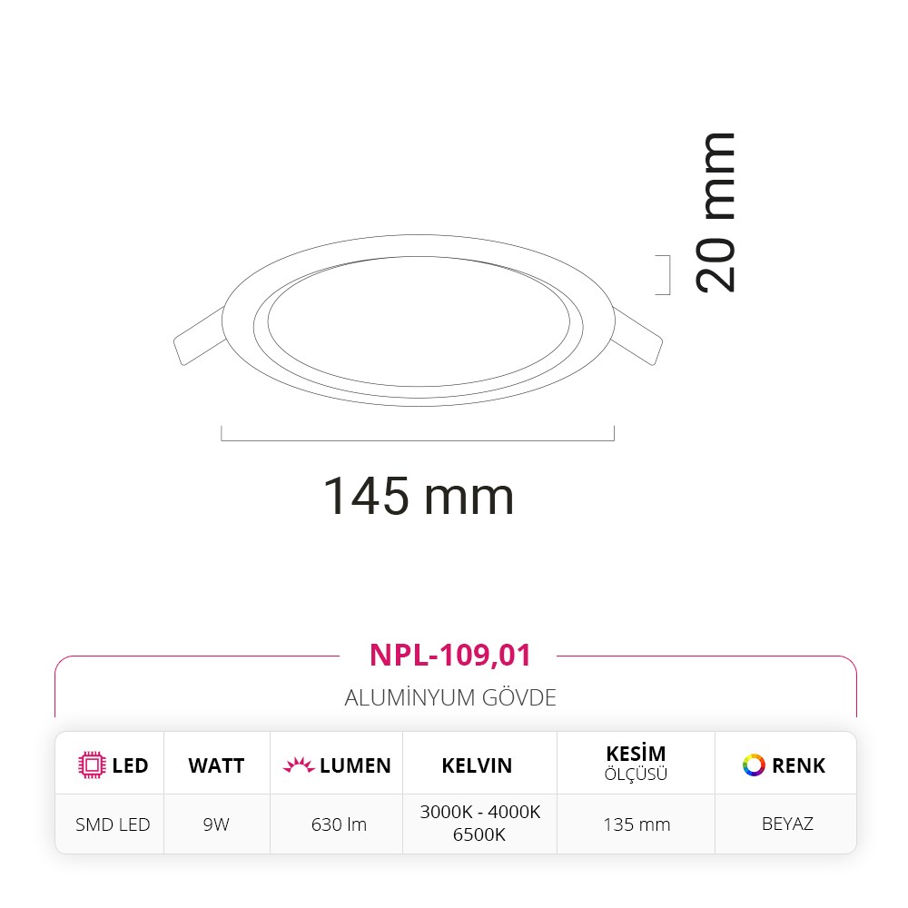 Nevo 9W Sıva Altı Led Panel Beyaz NPL-109