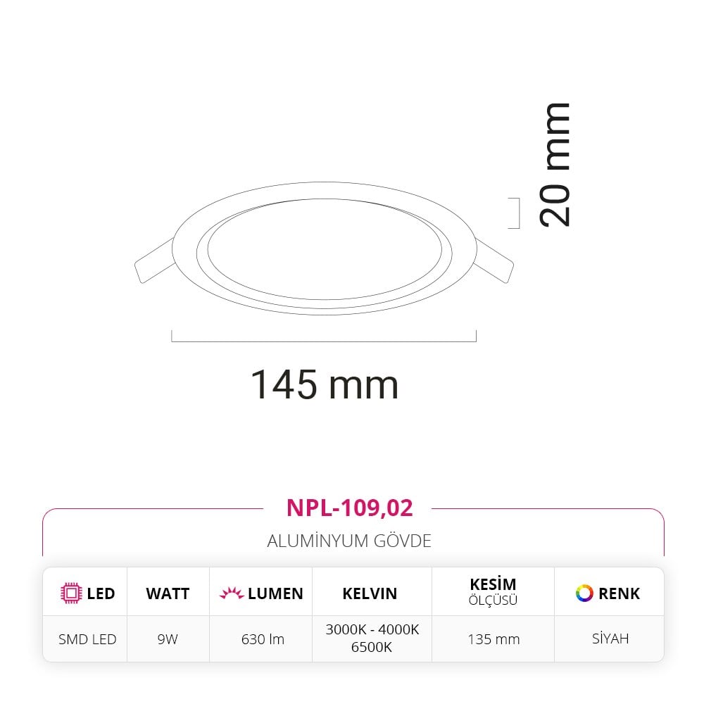 Nevo 9W Sıva Altı Led Panel Siyah NPL-109